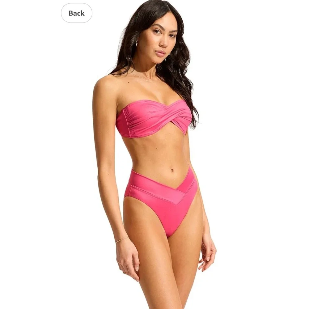 Seafolly Twist Bandeau Bikini Top Swimsuit Removable Strap Hot Pink Size 6 - Picture 3 of 10